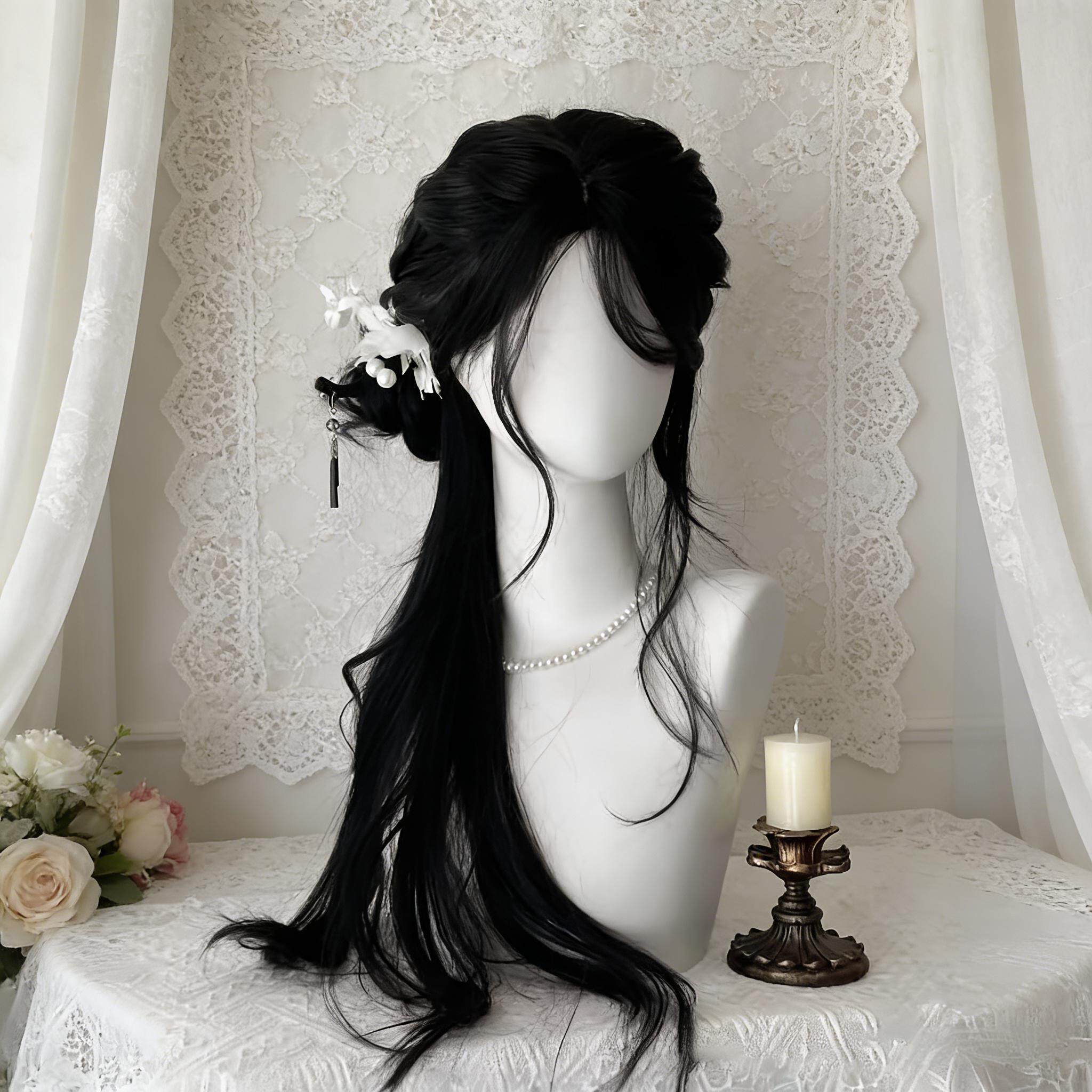 古风假发黑色长发古代服装女全头套式Lolita八字刘海黑长直假长发