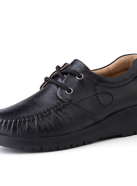 女鞋坡跟休闲鞋真皮手工皮鞋春季低帮厚底增高牛皮面妈妈鞋休闲鞋