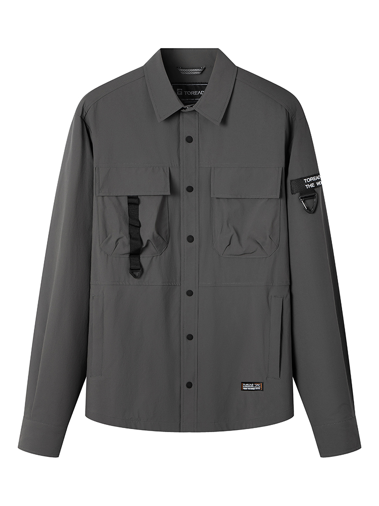 探路者男式衬衫TAEECM81307-G08X圆弧下摆长袖衬衣春秋户外上衣