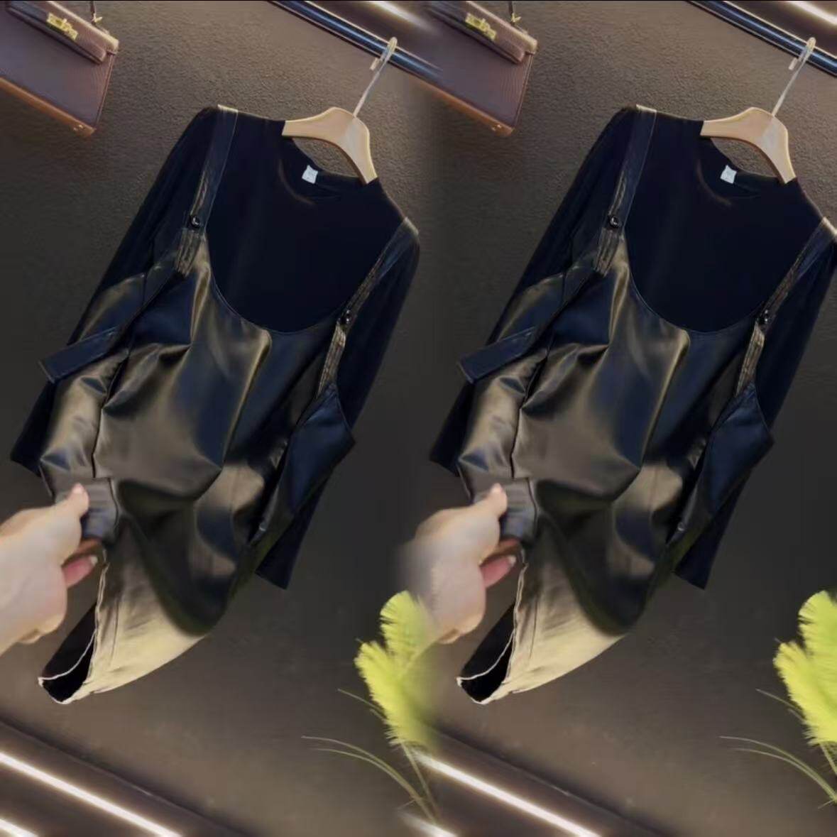 设计款吊带皮裙+打底两件套大码女装显瘦宽松百搭遮肚子洋气早秋