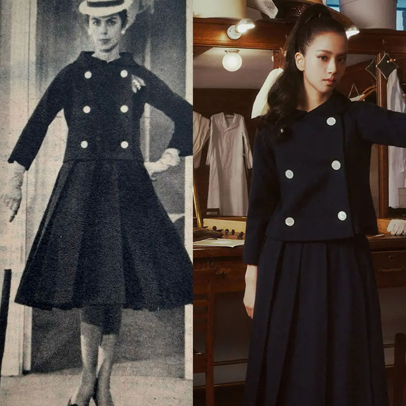 金智秀同款黑色纯羊毛娃娃领西装外套+百褶半裙经典优雅套装裙