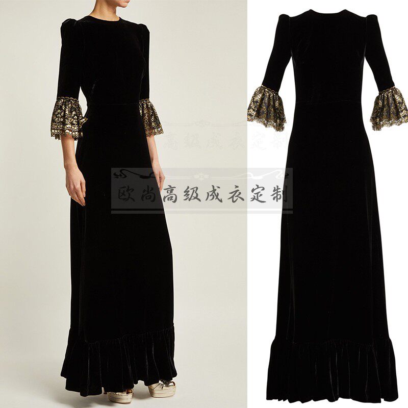 高级成衣定制黑色真丝丝绒七分袖长款连衣裙女简约大气拼接蕾丝夏