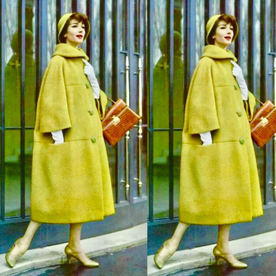 高端定制法式优雅单排扣牛油果绿羊毛大衣毛呢外套长款宽松娃娃装