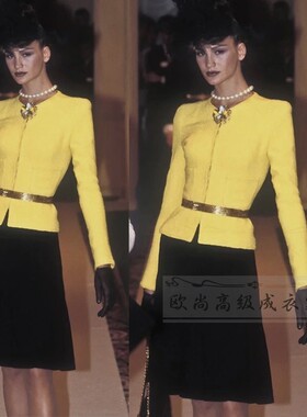 高级定制经典秀场同款黄色女士羊毛西装套装黑半裙裙女时尚修身秋
