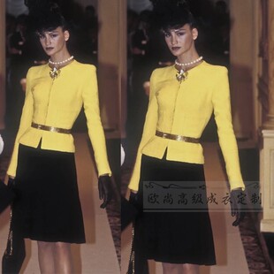 秀场同款 修身 黄色女士羊毛西装 黑半裙裙女时尚 秋 套装 高级定制经典
