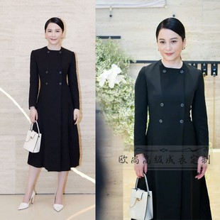 高级定制明星俞飞鸿同款 黑色圆领双排扣羊毛外套羊绒连衣裙女修身