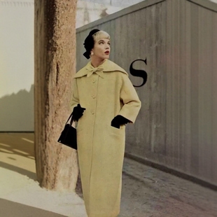 高端定制淡黄色羊毛大衣复古毛呢外套女气质法式优雅宽松冬季长款