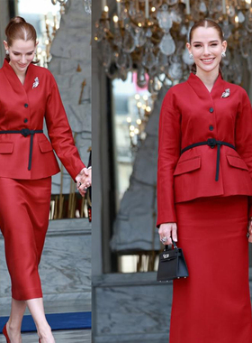 高级定制交叉立领红色丝毛西装套装裙女修身商务通勤OL中式西服秋