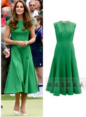 高端定制凯特王妃同款圆领修身大摆绿色连衣裙长款气质夏季OL大气