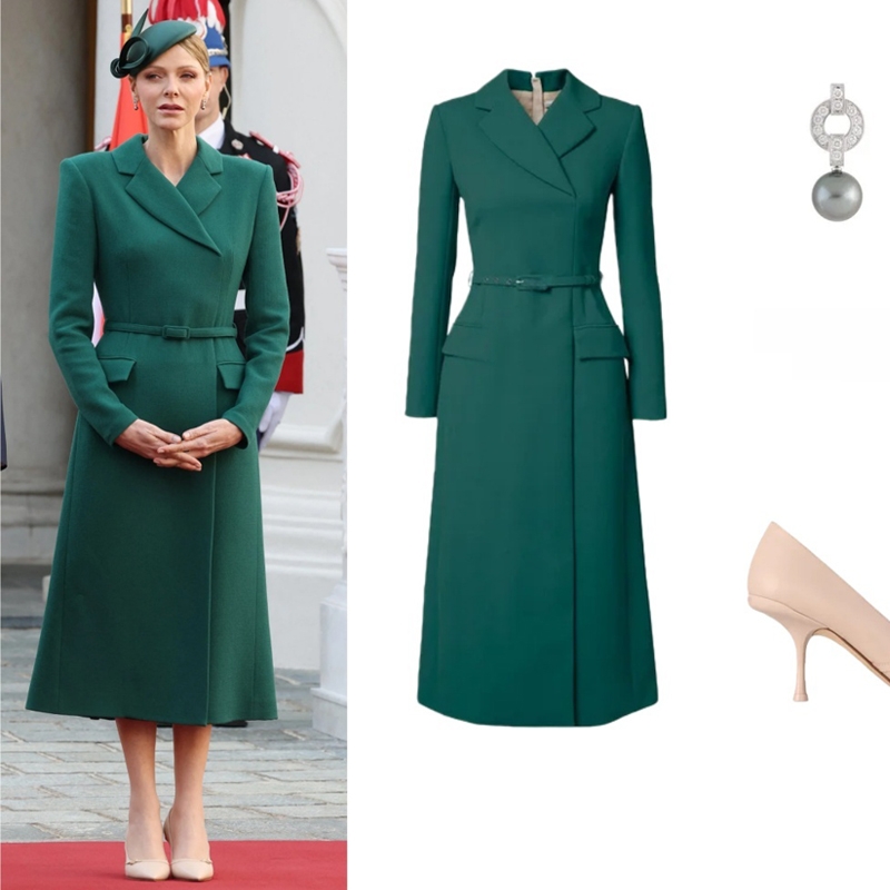 高级定制王妃同款纯羊毛绿色西装连衣裙中长款修身优雅A摆裙秋冬