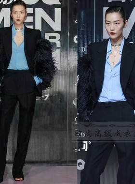 高级定制超模刘雯同款黑色拼接羽毛西装外套+裤子大气套装礼服新