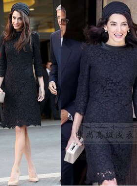 高级定制欧美amal clooney同款立领黑色蕾丝连衣裙女法式优雅大牌