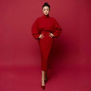 高端定制蒋欣同款羊毛红色新中式套装裙国风盘扣优雅上衣半裙春秋