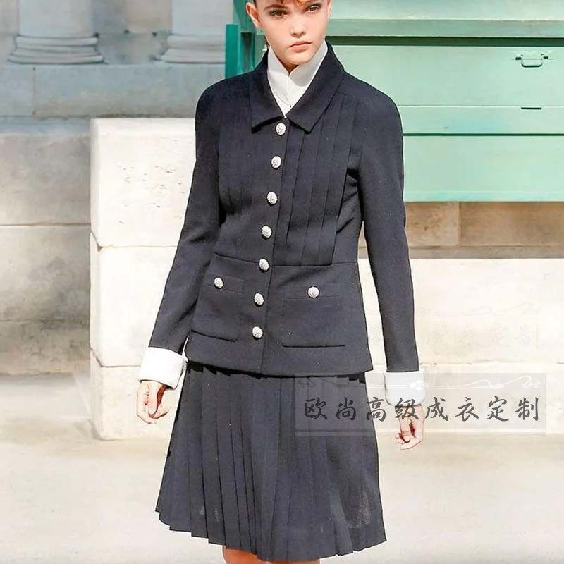 秀场经典100%羊毛黑色西装套装百褶裙两件褶皱富家千金西服女春秋