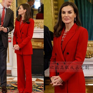 红色双排扣羊毛西装 气质时尚 套装 女修身 裤 高端定制西班牙王妃同款