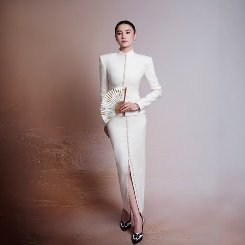 高级定制宋佳同款乳白色立领新中式夹克西装外套+半裙国风套装裙