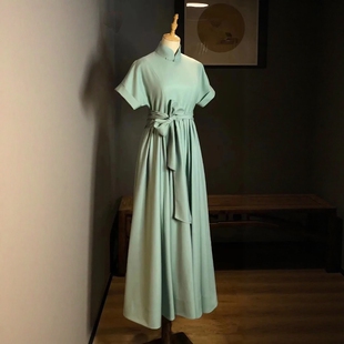 大摆型系带国风长裙夏季 连衣裙修身 清新淡绿色新中式 高级定制夏季