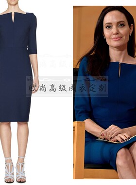 高端定制安吉娜朱莉同款深蓝色一字领及膝连衣裙女修身包臀OL干练