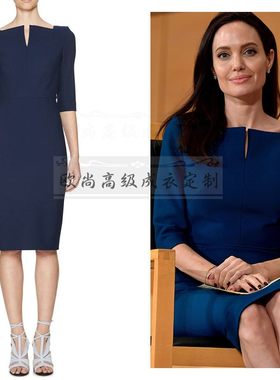 安吉娜朱莉同款深蓝色连衣裙