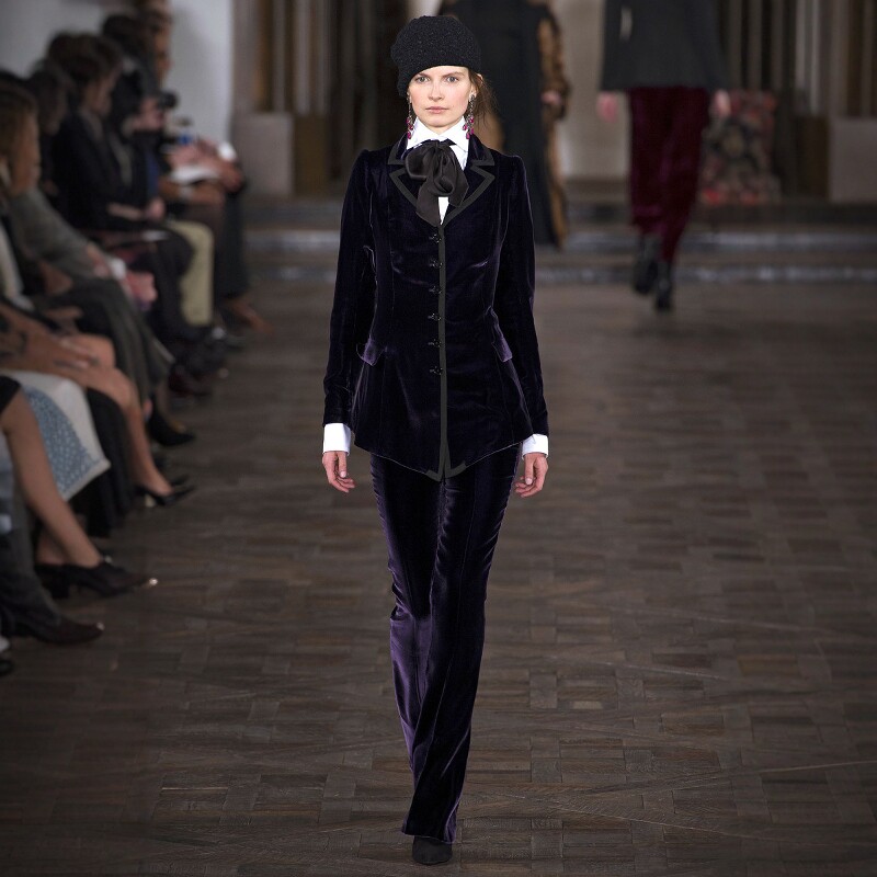 高级定制深紫色丝绒西装套装裤女两件修身拼接优雅时尚摩登大牌冬