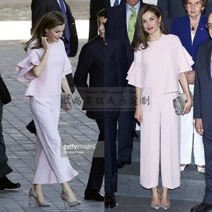 高端定制西班牙王后同款浅粉色时尚套装喇叭袖上衣阔腿裤两件夏季