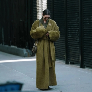 高级定制欧美街拍橄榄绿羊驼毛大衣冬无领羊毛外套超长款宽松系带