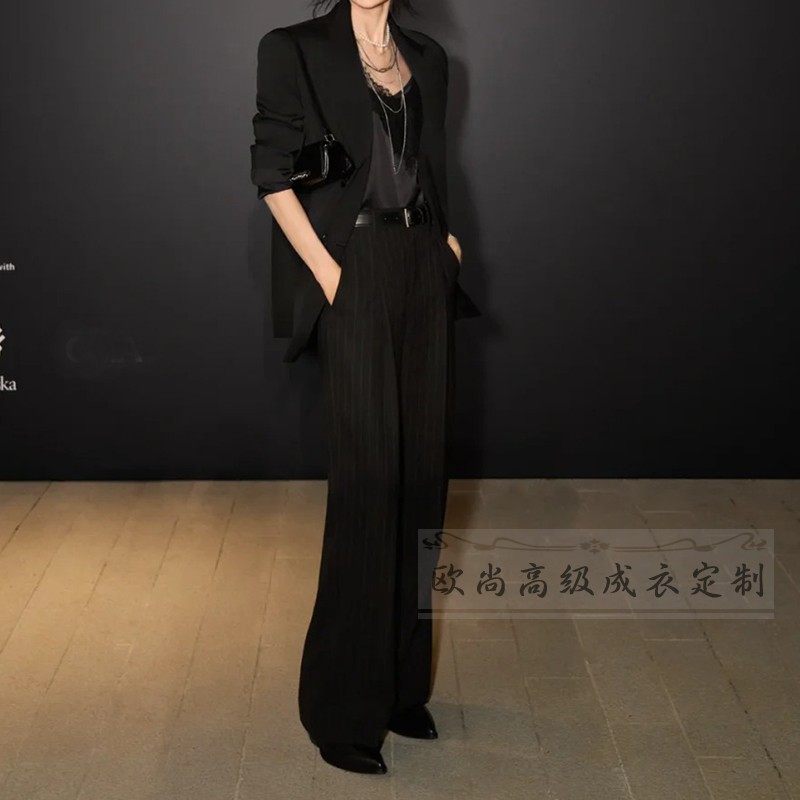 高端定制张曼玉同款黑色西装外套+竖条纹裤子时尚通勤套装裤秋季