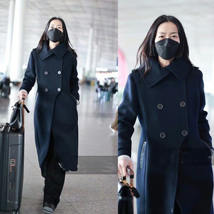 劉雯同款 修身 英倫時尚 不規則設計感黑色羊毛大衣毛呢外套女中長款