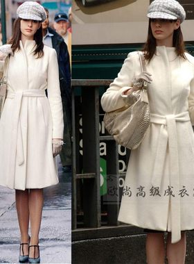 高级定制安妮海瑟薇同款乳白色羊绒大衣外套系带英伦大牌简约冬季