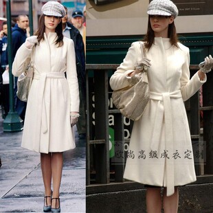 高级定制安妮海瑟薇同款乳白色羊绒大衣外套系带英伦大牌简约冬季