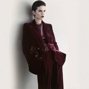 三件大牌套装 欧尚高端定制酒红色丝绒西装 真丝衬衫 阔腿裤 外套