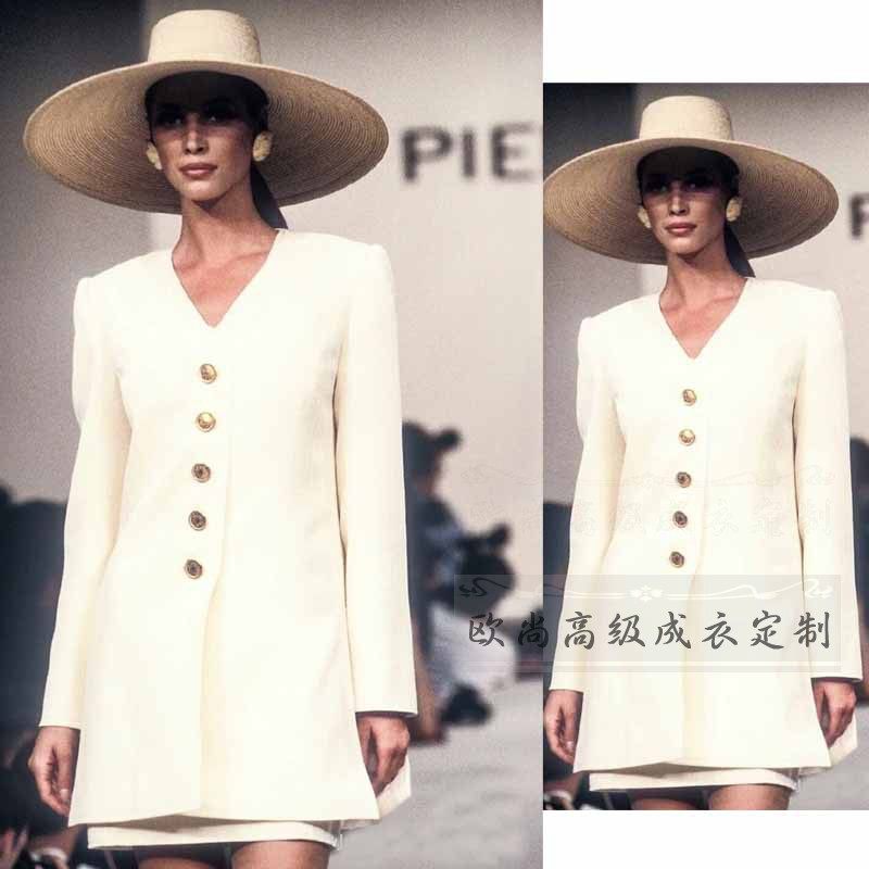 高级定制秀场白色羊毛西装外套女单排扣修身显瘦短裙时尚套装春秋