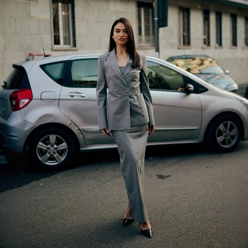 2025春夏欧美街拍灰色薄羊毛西装外套半裙修身时髦职业通勤套装裙