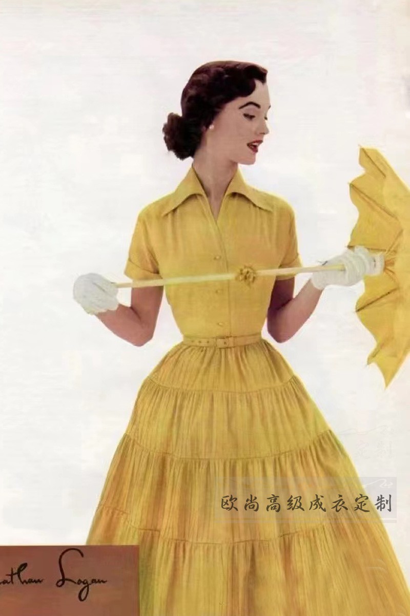 高级定制1950S优雅短袖黄色衬衫连衣裙收腰大摆裙蓬蓬裙长裙气质