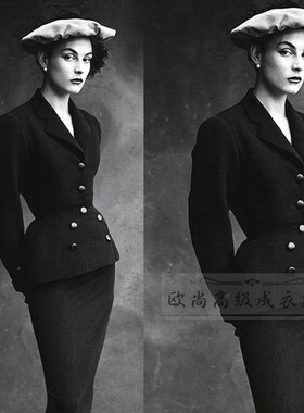 高级定制1950S优雅复古黑色羊毛西装套装裙女修身显瘦赫本风长款