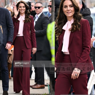 凯特王妃同款酒红色西装套装羊毛