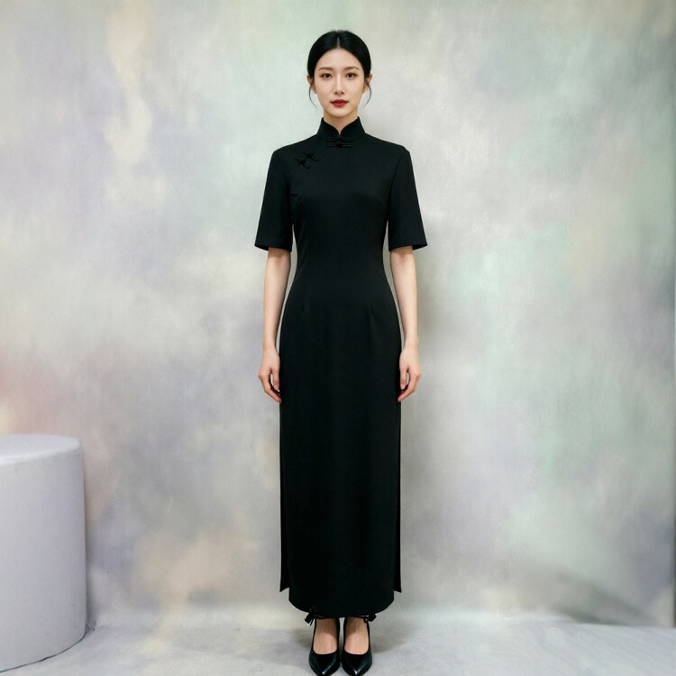 高级定制五分袖黑色重磅真丝旗袍修身长款开叉中式连衣裙优雅日常