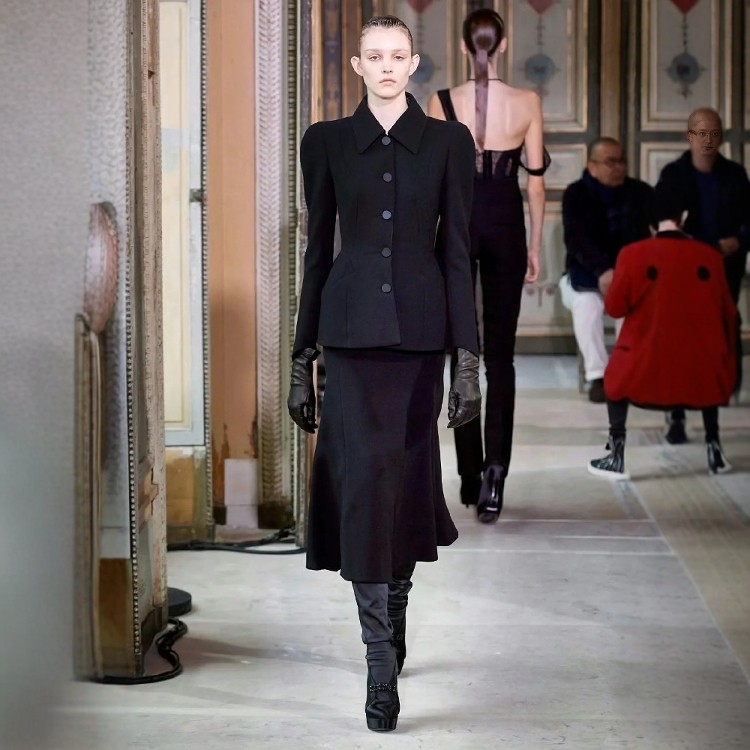 高级定制经典时尚小泡泡袖单排扣羊毛西装外套鱼尾半裙优雅套装裙