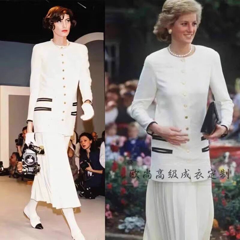 高级定制白色圆领羊毛外套女长款+百褶半裙知识分子套装裙春秋OL