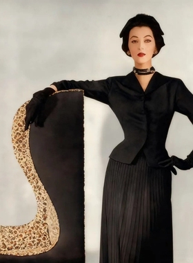 高级定制1950S赫本风黑色纯羊毛夹克外套+百褶长半裙优雅套装裙春