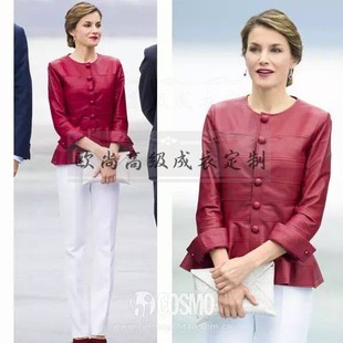子时尚 高级定制西班牙王妃同款 白色裤 红色绵羊皮外套女 名媛套装