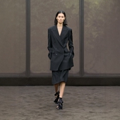 套装 高级定制黑色长款 半裙修身 羊毛外套双排扣西服 裙商务OL 西装