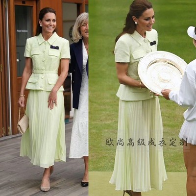 高级定制凯特王妃同款浅绿色粗花呢外套+百褶半身裙时尚套装裙夏