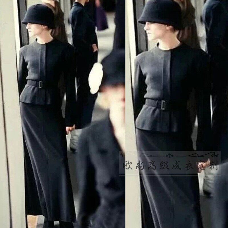 高端定制经典复古黑色圆领长袖西装外套+长半裙职业时尚西服套装