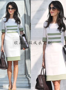 高端定制欧美大牌Amal Clooney同款绿色拼接白色连衣裙修身时尚夏