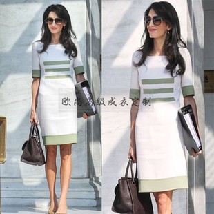 时尚 高端定制欧美大牌Amal 绿色拼接白色连衣裙修身 Clooney同款 夏
