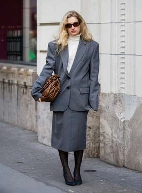 欧美街拍大牌高级灰色羊毛长款西装外套半裙精英西服套装春秋新款