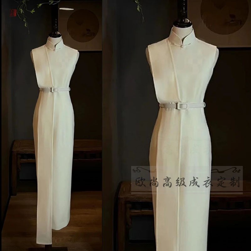 高端定制白色精纺羊毛旗袍裙女飘带修身长款优雅时尚气质系带国风