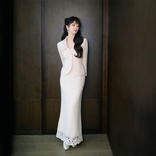 高级定制明星同款拼接蕾丝白色羊毛西装外套长半裙优雅千金风套装