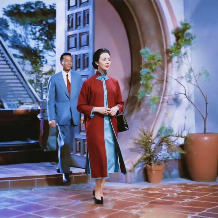 高级私人定制红色羊毛长袍外套+短袖浅蓝色旗袍裙国风优雅套装裙